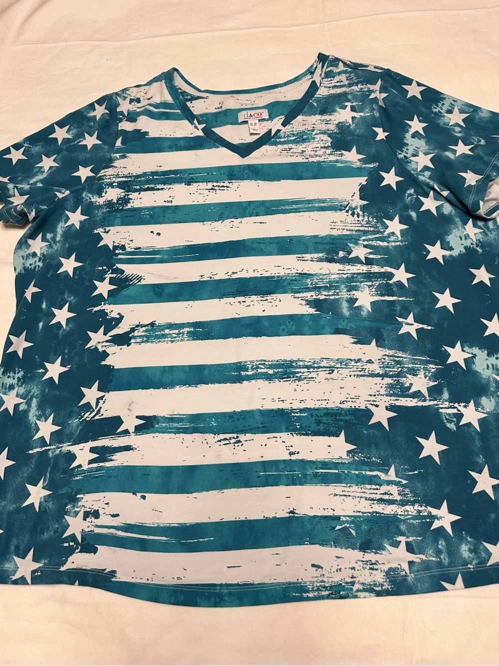 Denim & Co. Teal & White Star Stripe V-Neck Tee - 3X